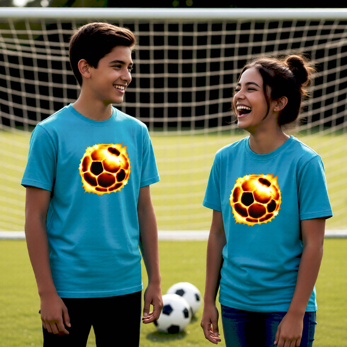 Two smiling young athletes, a boy and a girl, standing on a soccer field wearing matching turquoise blue t-shirts with a glowing soccer ball graphic on the chest. A soccer net is in the background, along with two soccer balls on the grass.