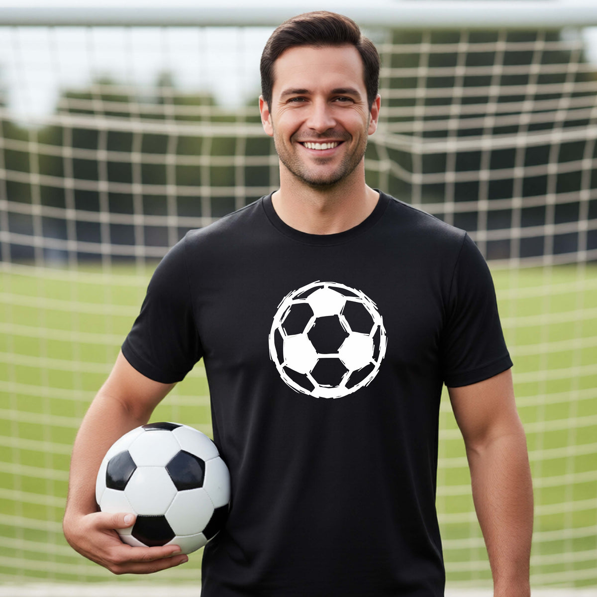 A smiling man wearing a black t-shirt with a white soccer ball graphic on the chest, holding a black and white soccer ball on a green field in front of a soccer goal.