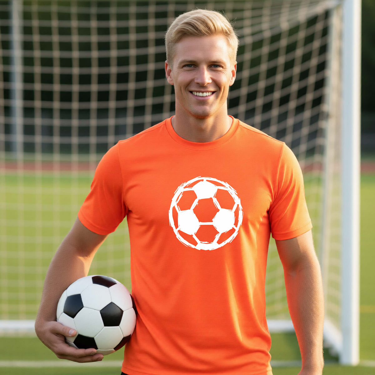 A smiling man wearing a bright orange t-shirt with a white soccer ball graphic on the chest, holding a black and white soccer ball on a green field with a goal net in the background.