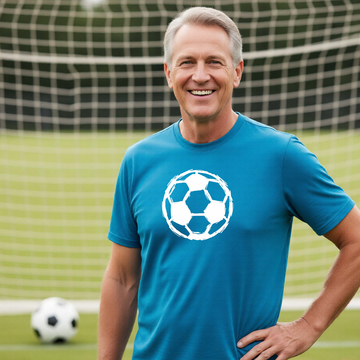 A smiling older man wearing a bright blue athletic t-shirt with a white soccer ball graphic on the chest, standing on a green soccer field in front of a soccer goal net.