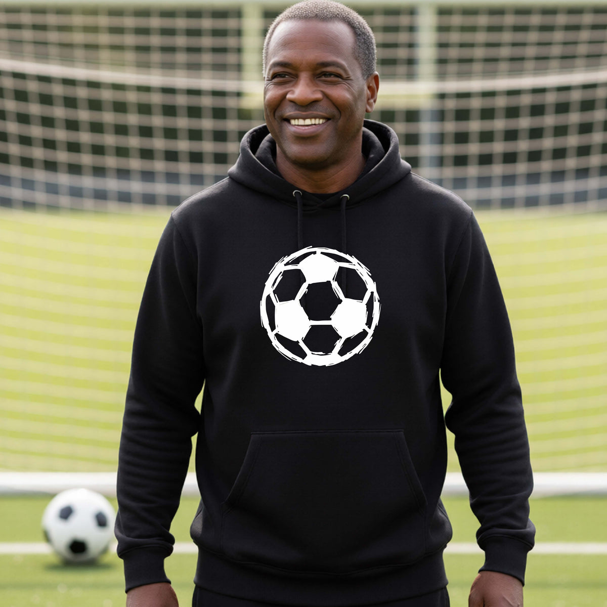 A smiling man wearing a black pullover hoodie with a white soccer ball graphic on the chest, standing on a green soccer field with a soccer goal in the background.