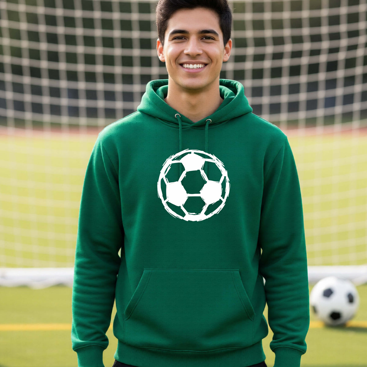 A smiling young man wearing a green pullover hoodie with a white soccer ball graphic on the chest, standing on a soccer field with a goal net in the background.