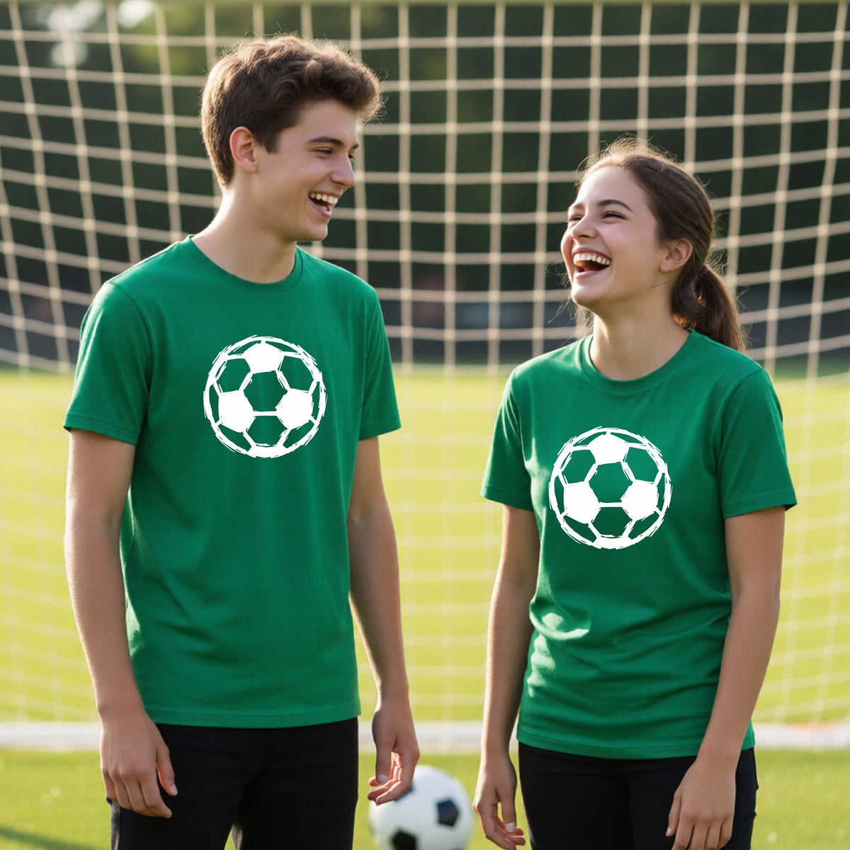 A man and a woman standing on a soccer field in front of a goal net, both wearing matching green t-shirts with a white soccer ball graphic on the chest.