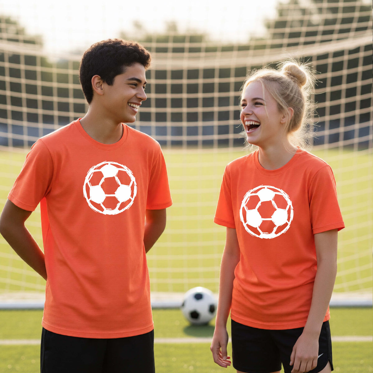 Two smiling young athletes standing on a soccer field wearing matching bright orange t-shirts with a white soccer ball graphic on the chest, with a soccer net and ball in the background.