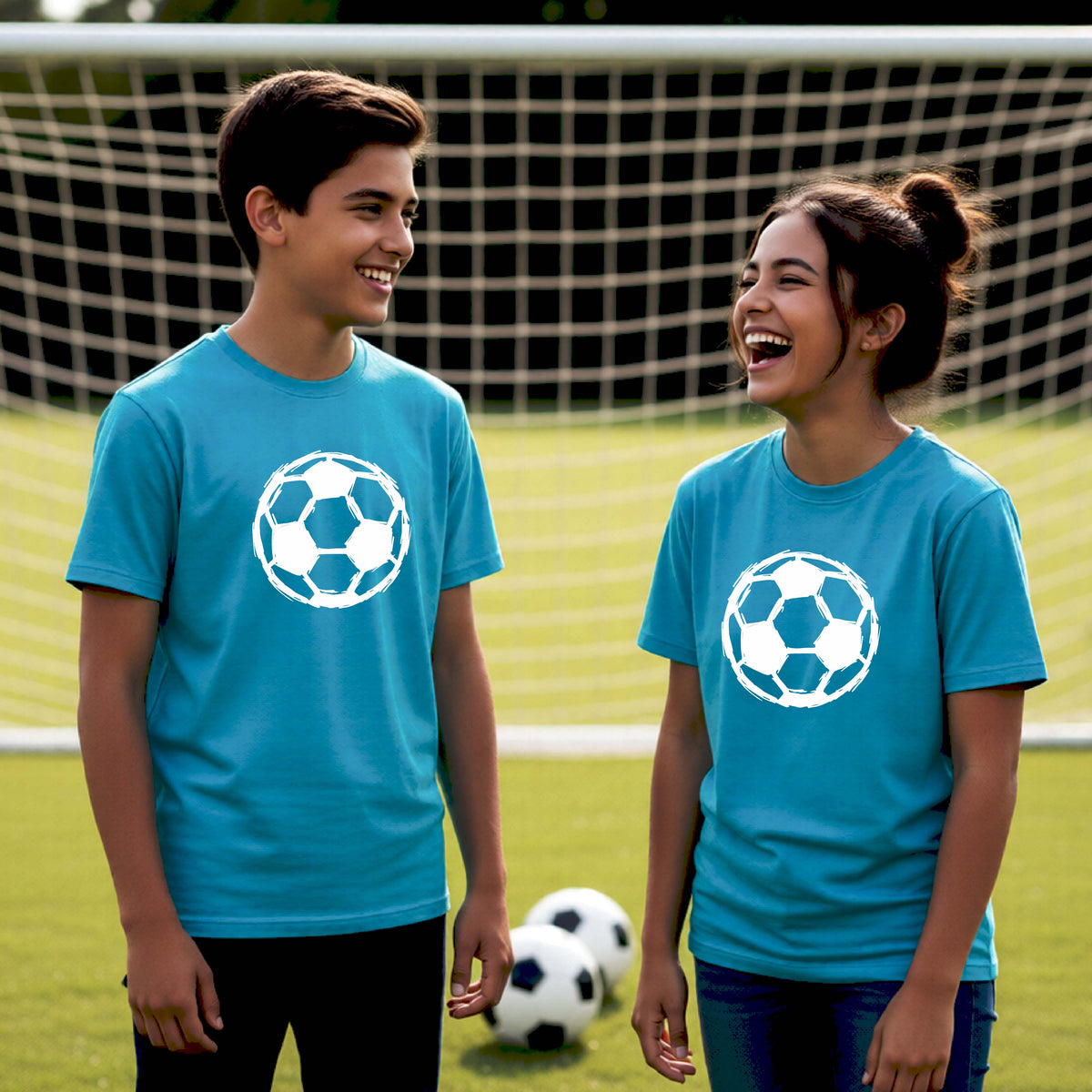A boy and a girl standing on a soccer field wearing matching turquoise blue t-shirts with a white soccer ball graphic on the chest, with soccer balls on the grass in front of a soccer goal.