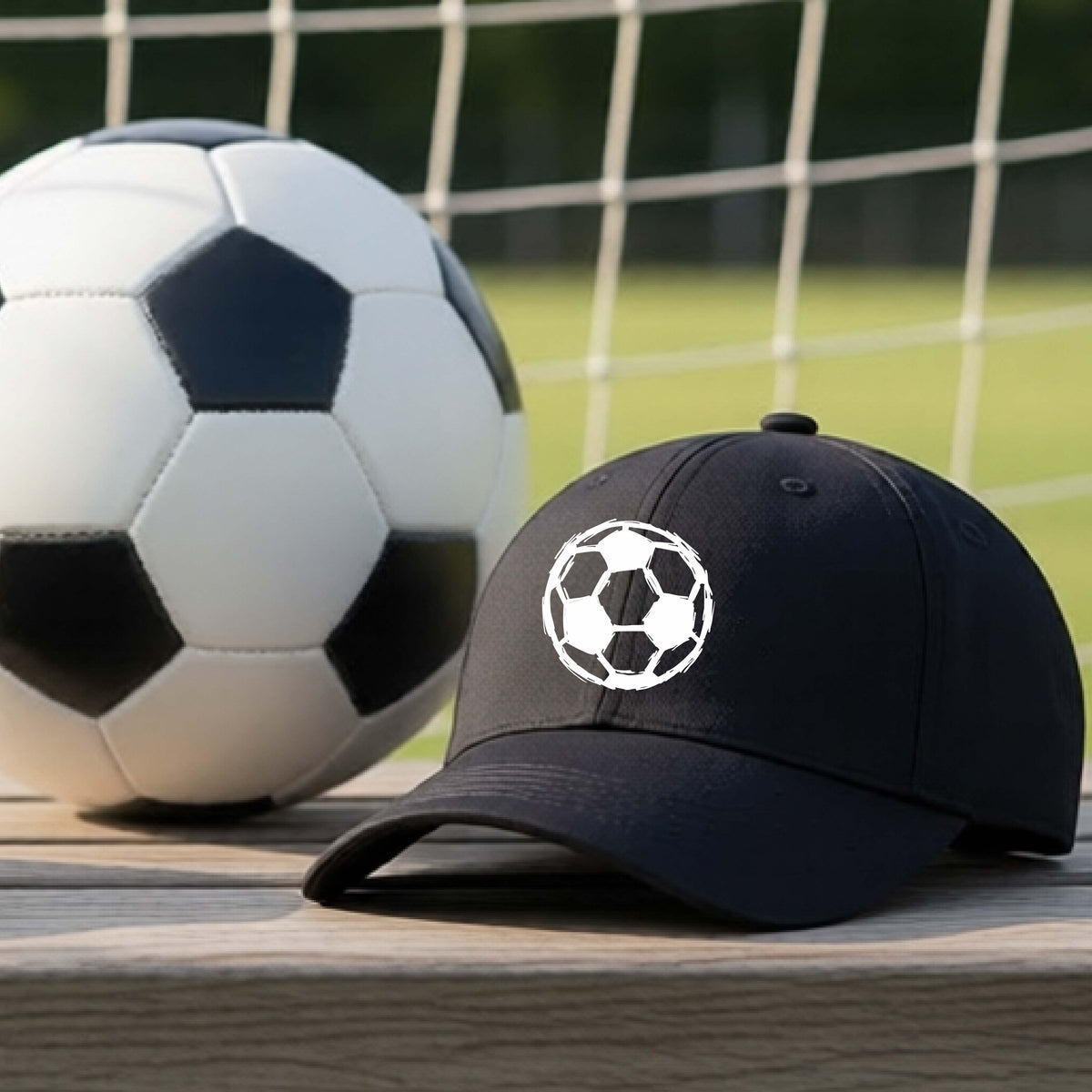 A black baseball cap with a white soccer ball graphic on the front, resting on a wooden surface in front of a soccer ball and goal net.
