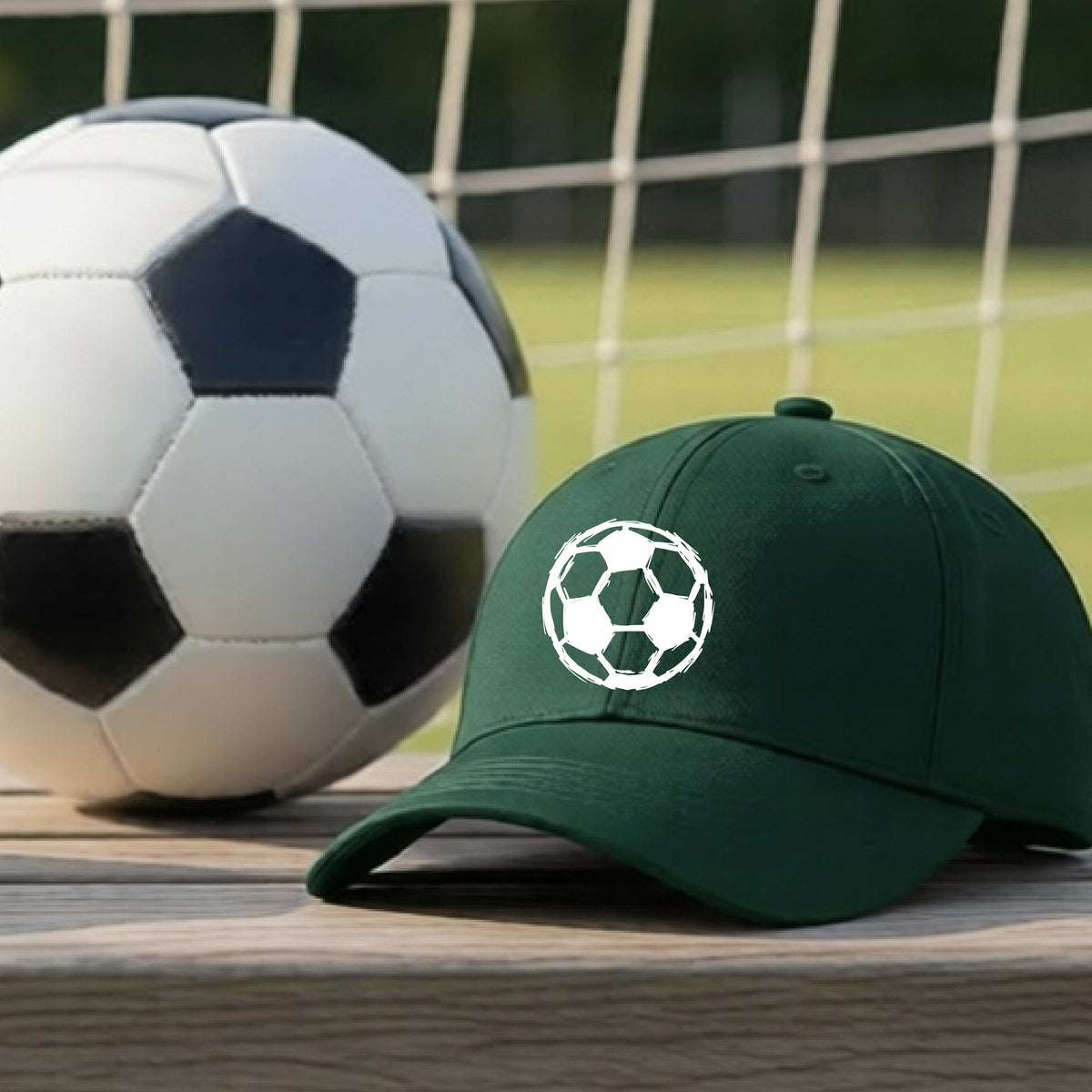 A dark green baseball cap with a white soccer ball graphic on the front, resting on a wooden surface in front of a soccer ball and goal net.