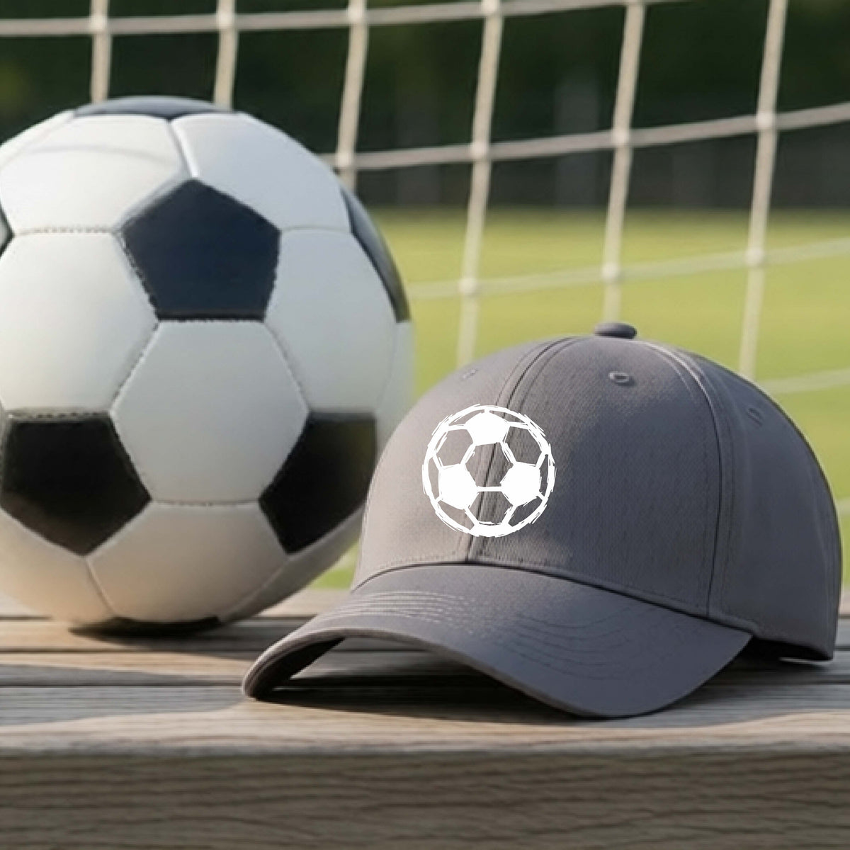 A dark gray baseball cap with a white soccer ball graphic on the front, resting on a wooden surface in front of a soccer ball and goal net.