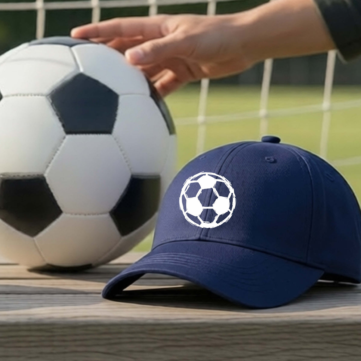 A navy blue baseball cap with a white soccer ball graphic on the front, resting on a wooden surface next to a black and white soccer ball, with a hand touching the ball and a blurred sports field in the background.