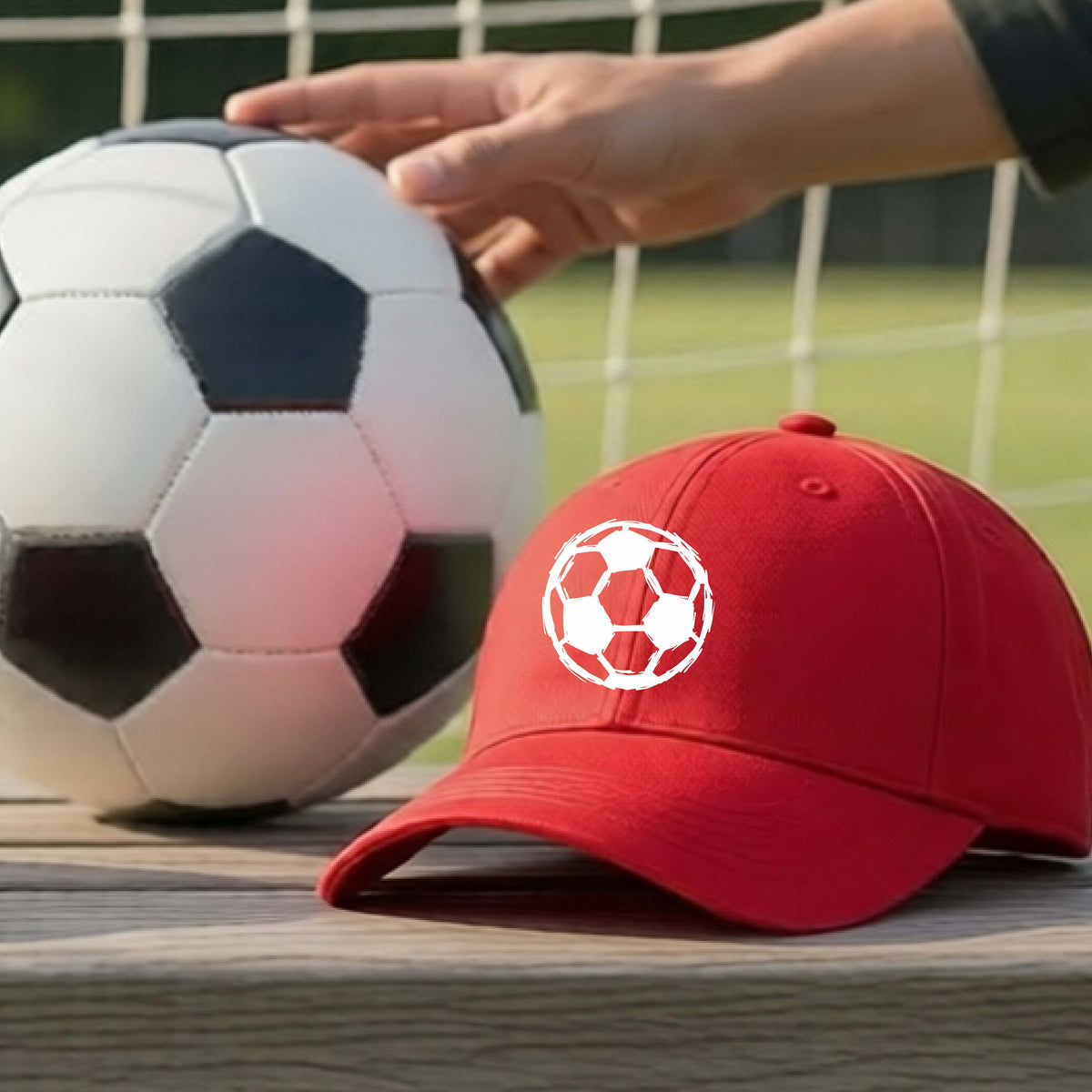A red baseball cap with a white soccer ball graphic on the front, resting on a wooden surface next to a black and white soccer ball, with a hand touching the ball and a blurred sports field in the background.