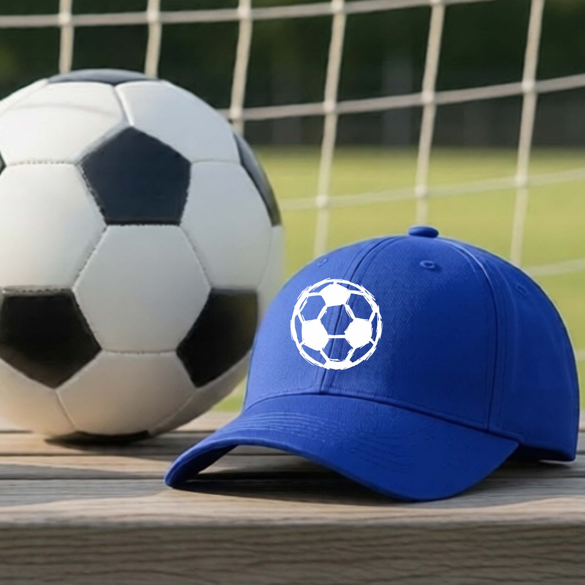 A royal blue baseball cap with a white soccer ball graphic on the front, resting on a wooden surface in front of a soccer net and a black-and-white soccer ball.