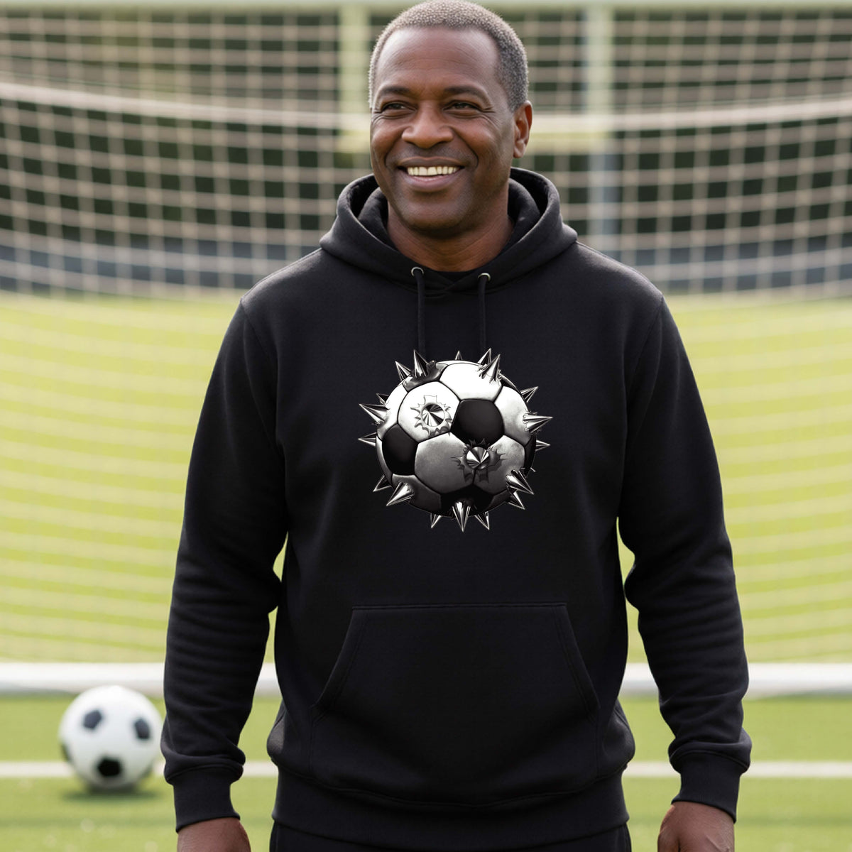 A smiling man wearing a black hoodie pullover standing on a soccer field in front of a goal net. with a white and black graphic of a soccer ball with extreme spikes coming out, printed on the front.