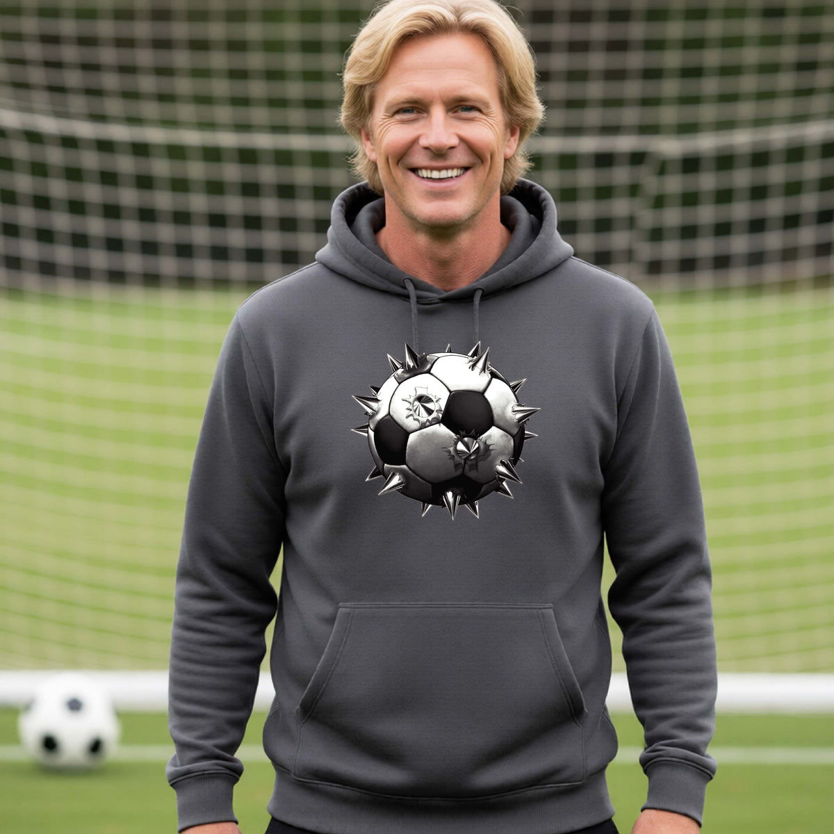 A smiling man wearing a dark gray hoodie pullover standing on a soccer field in front of a goal net. with a white and black graphic of a soccer ball with extreme spikes coming out, printed on the front.
