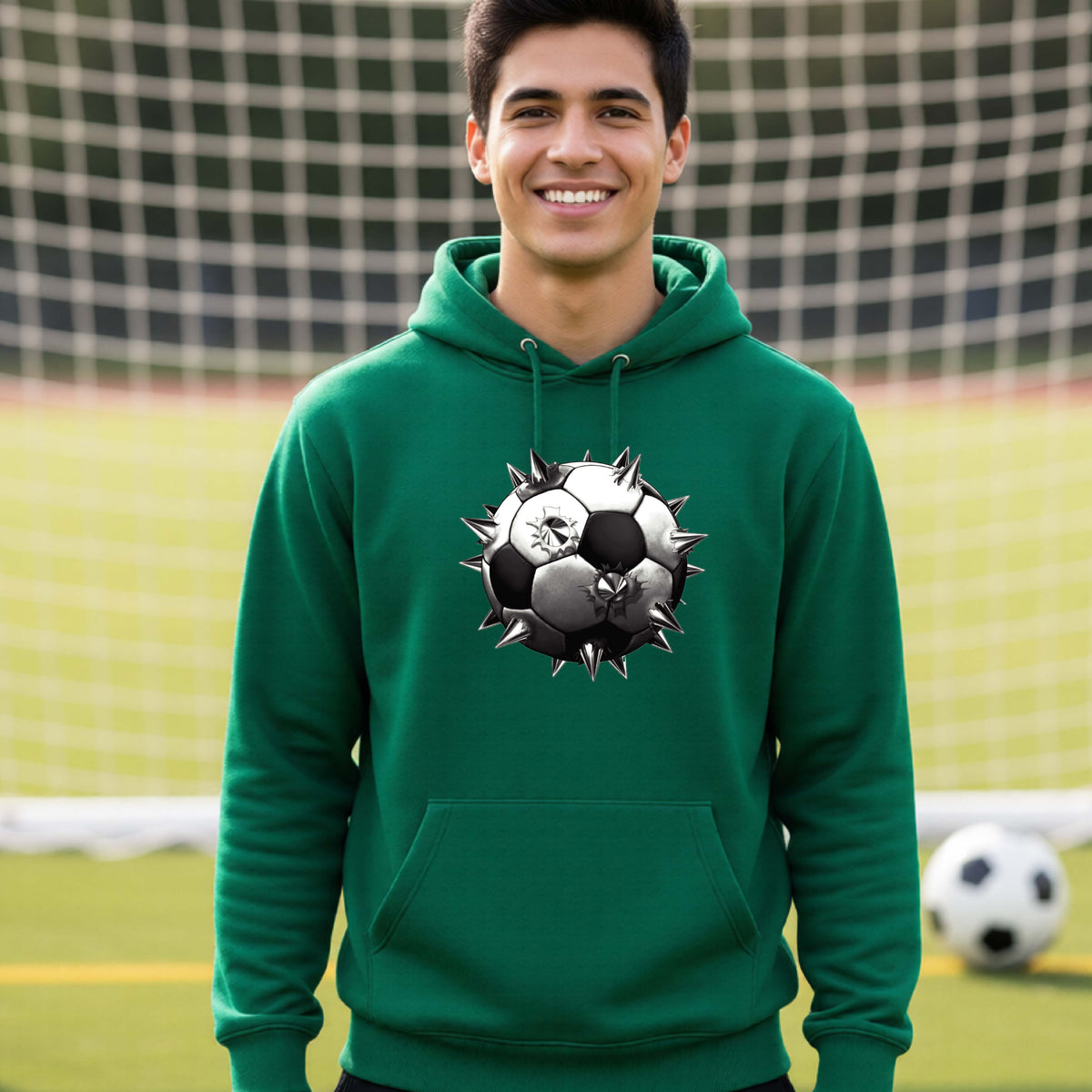 A smiling man wearing a green hoodie pullover standing on a soccer field in front of a goal net. with a white and black graphic of a soccer ball with extreme spikes coming out, printed on the front.