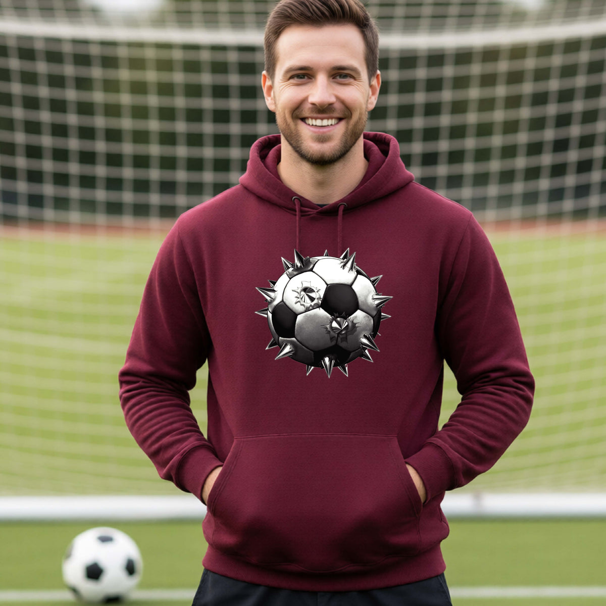 A smiling man wearing a maroon hoodie pullover standing on a soccer field in front of a goal net. with a white and black graphic of a soccer ball with extreme spikes coming out, printed on the front.