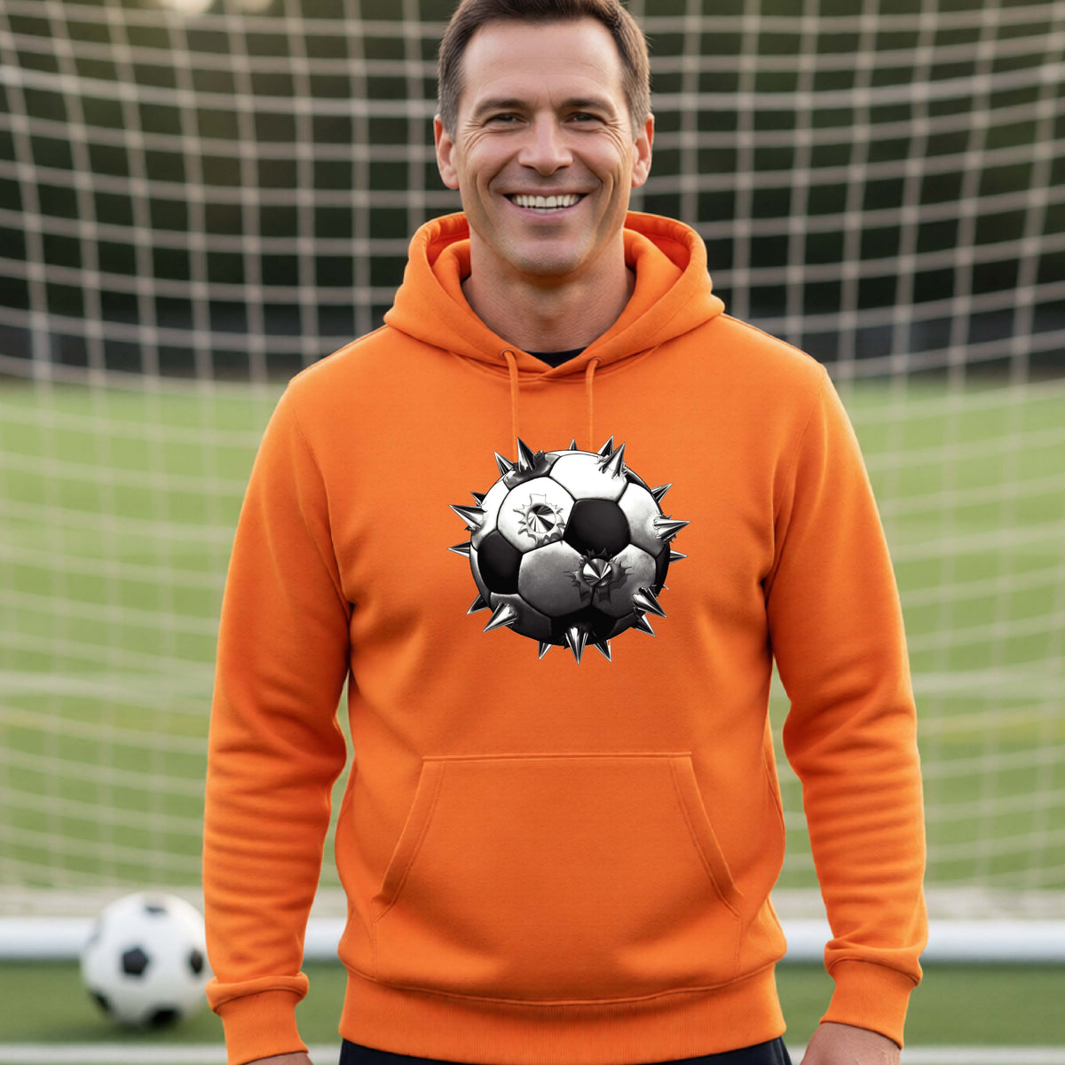 A smiling man wearing an orange hoodie pullover standing on a soccer field in front of a goal net. with a white and black graphic of a soccer ball with extreme spikes coming out, printed on the front.