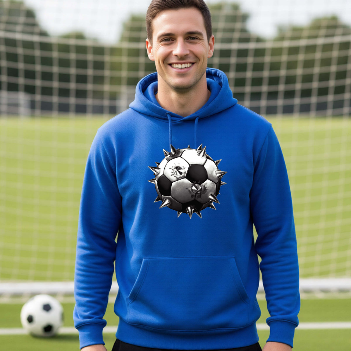 A smiling man wearing a royal blue hoodie pullover standing on a soccer field in front of a goal net. with a white and black graphic of a soccer ball with extreme spikes coming out, printed on the front.