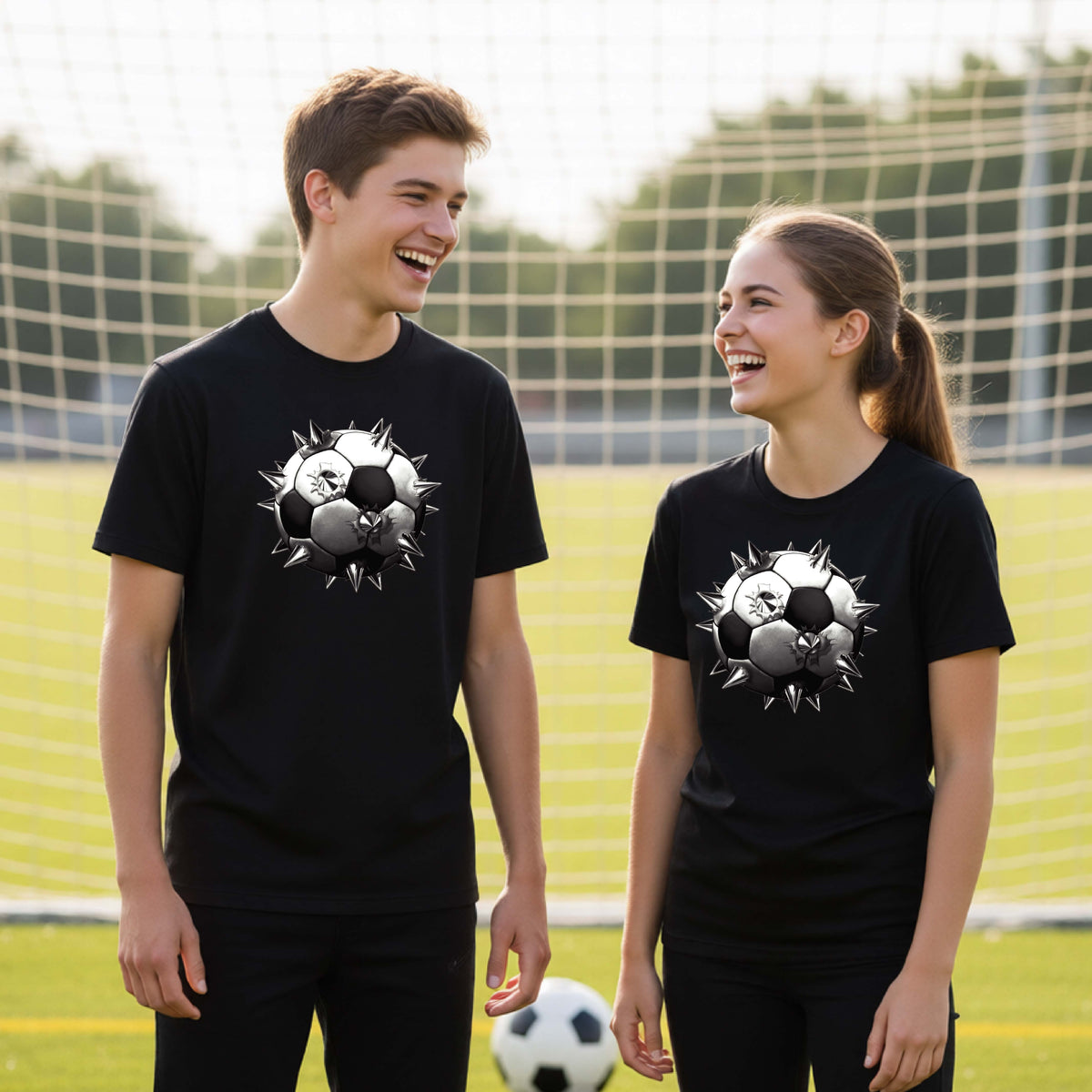 Two young athletes wearing matching black short-sleeve t-shirts standing on a soccer field in front of a goal net with a white and black graphic of a soccer ball with extreme spikes coming out, printed on the front.