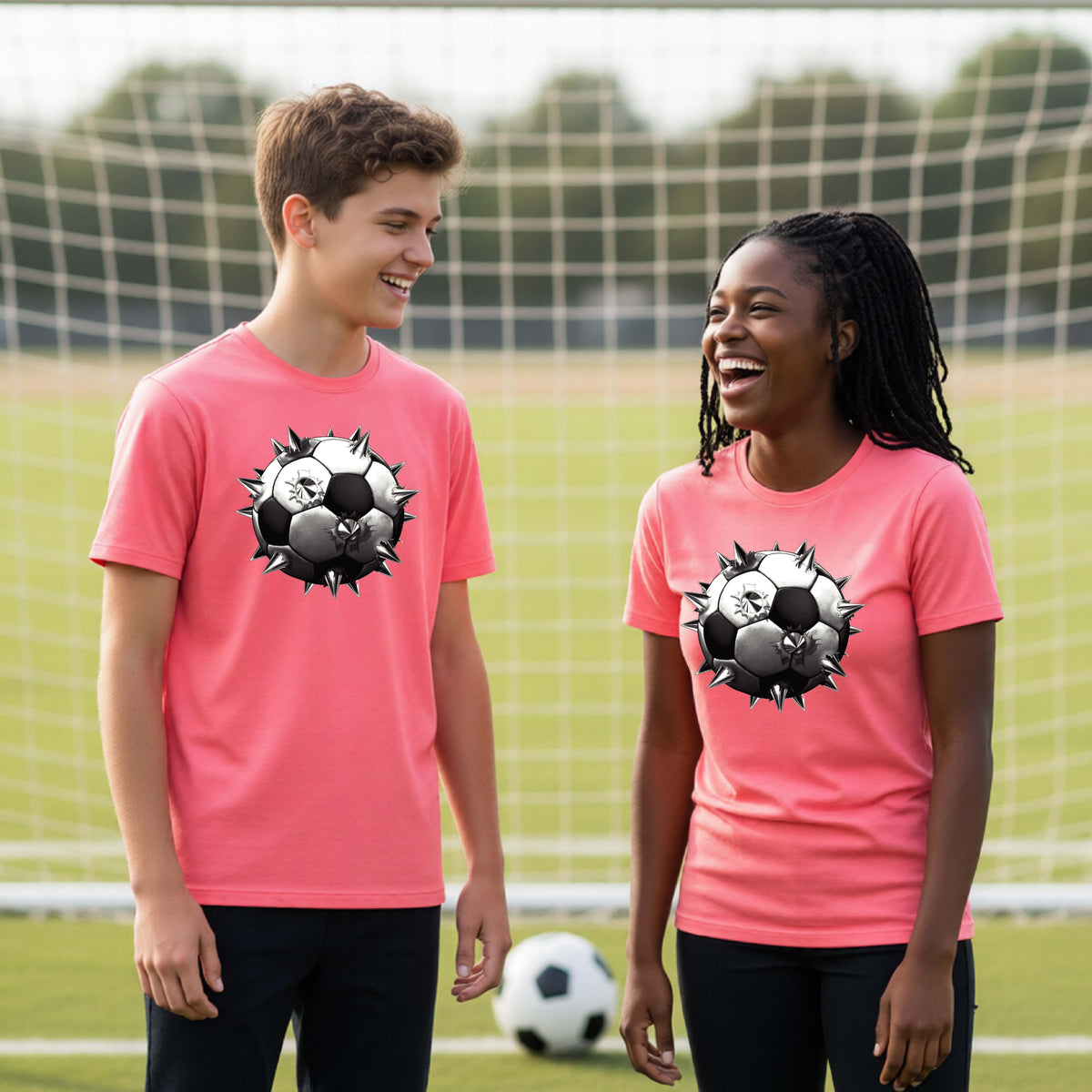 Two young athletes wearing matching coral pink short-sleeve t-shirts standing on a soccer field in front of a goal net with a white and black graphic of a soccer ball with extreme spikes coming out, printed on the front.
