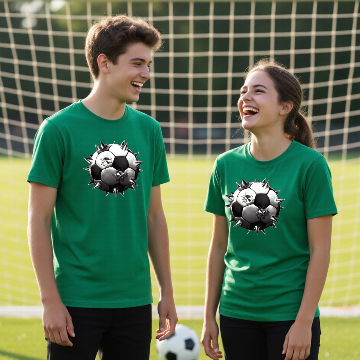 Two young athletes wearing matching green short-sleeve t-shirts standing on a soccer field in front of a goal net with a white and black graphic of a soccer ball with extreme spikes coming out, printed on the front.