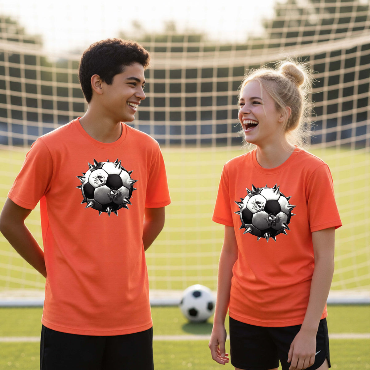 Two young athletes wearing matching bright orange short-sleeve t-shirts standing on a soccer field in front of a goal net with a white and black graphic of a soccer ball with extreme spikes coming out, printed on the front.