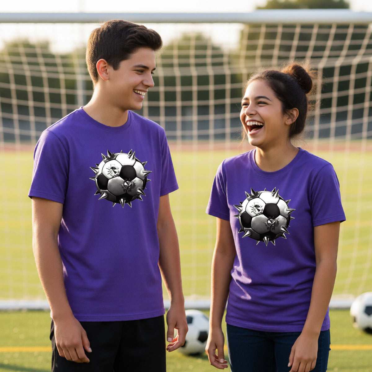 Two young athletes wearing matching purple short-sleeve t-shirts standing on a soccer field in front of a goal net with a white and black graphic of a soccer ball with extreme spikes coming out, printed on the front.