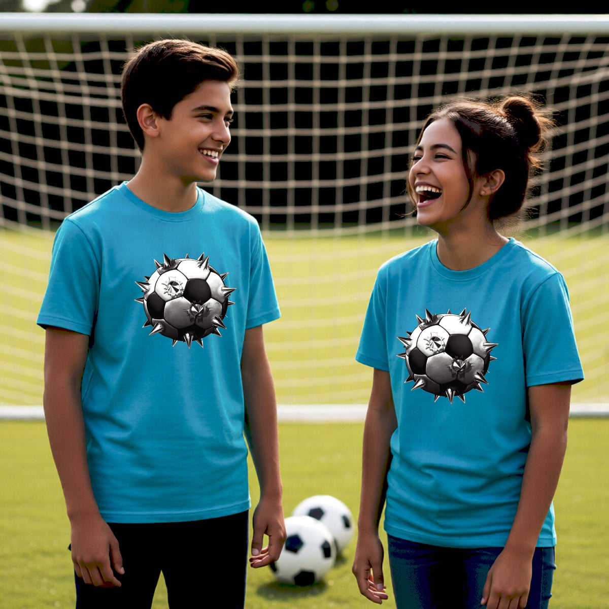 Two young athletes wearing matching bright blue short-sleeve t-shirts standing on a soccer field in front of a goal net with a white and black graphic of a soccer ball with extreme spikes coming out, printed on the front.