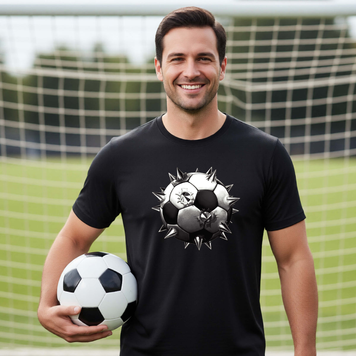 A smiling man wearing a black short-sleeve t-shirt standing on a soccer field in front of a goal net with a white and black graphic of a soccer ball with extreme spikes coming out, printed on the front.