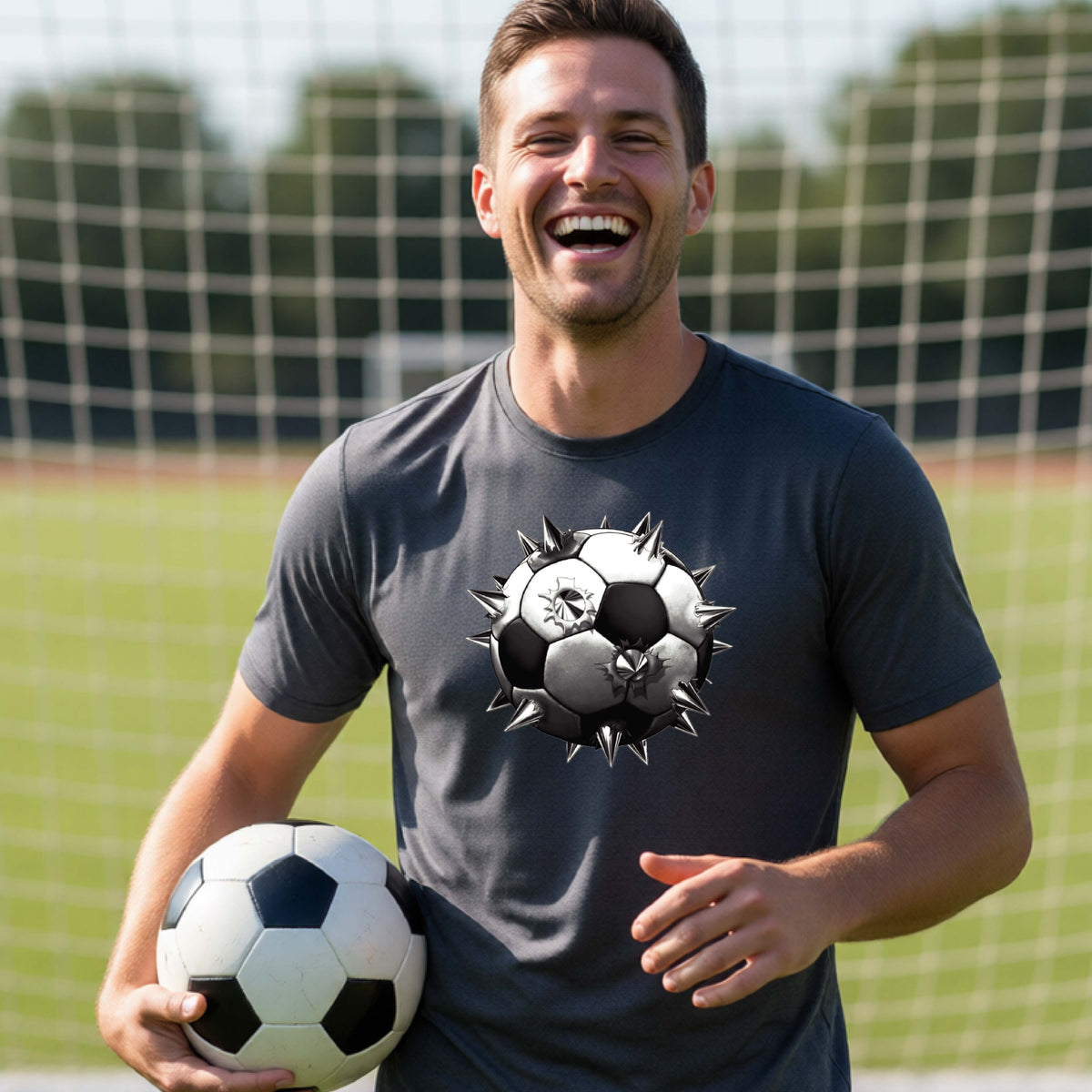 A smiling man wearing a dark gray short-sleeve t-shirt standing on a soccer field in front of a goal net with a white and black graphic of a soccer ball with extreme spikes coming out, printed on the front.