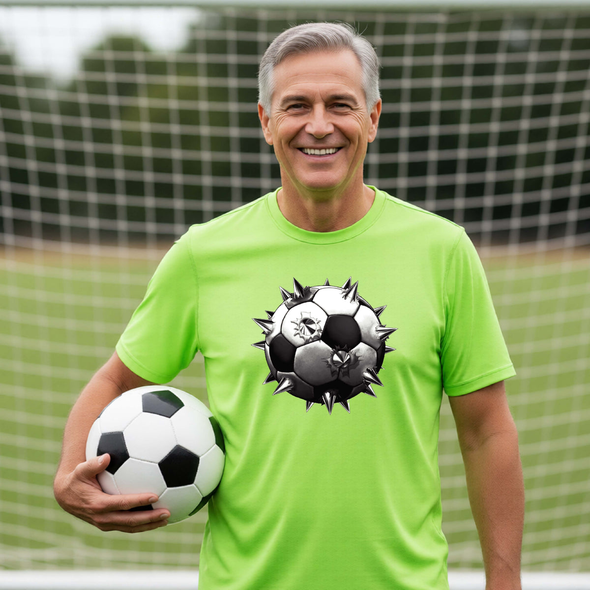A smiling man wearing a lime green short-sleeve t-shirt standing on a soccer field in front of a goal net with a white and black graphic of a soccer ball with extreme spikes coming out, printed on the front.