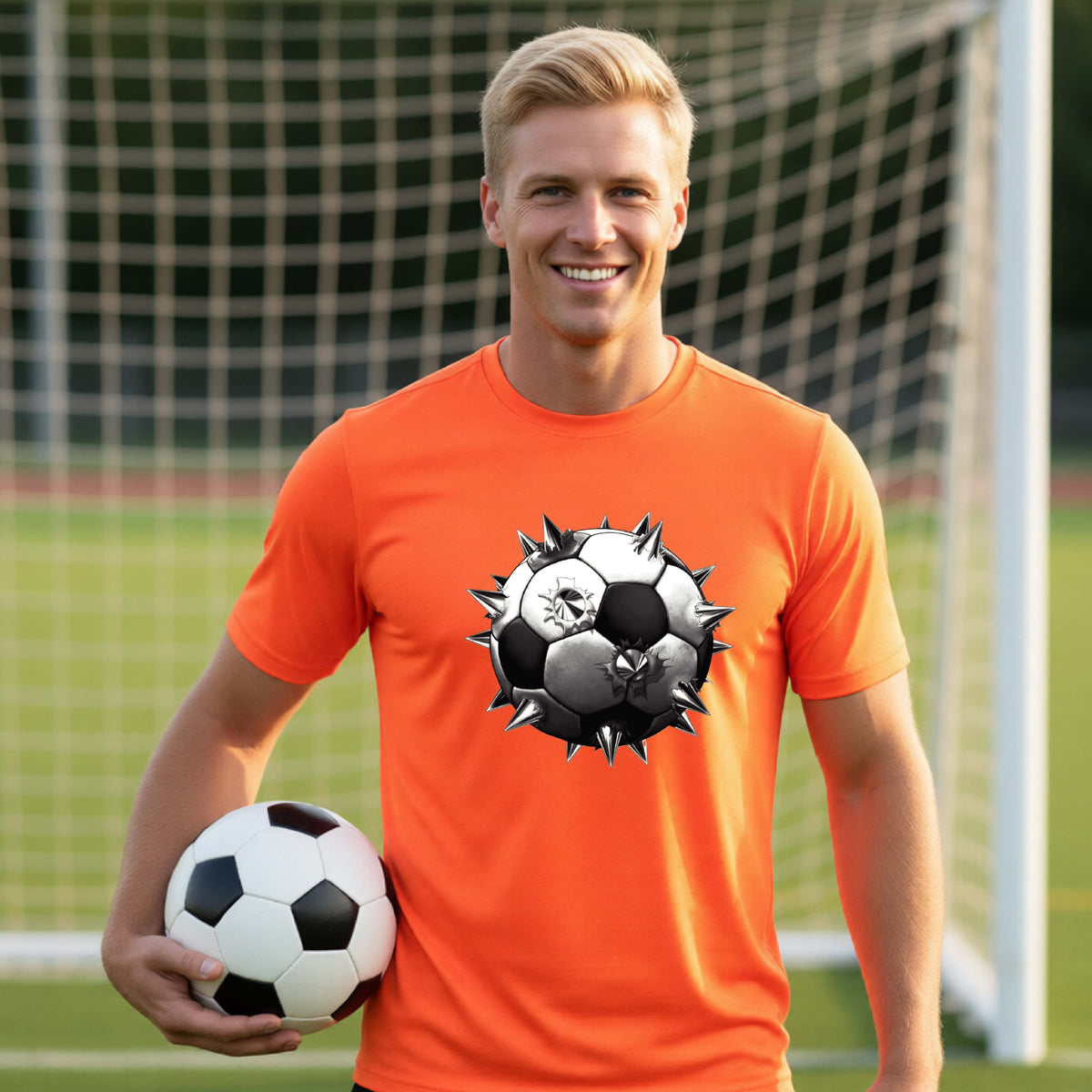 A smiling man wearing an orange short-sleeve t-shirt standing on a soccer field in front of a goal net with a white and black graphic of a soccer ball with extreme spikes coming out, printed on the front.