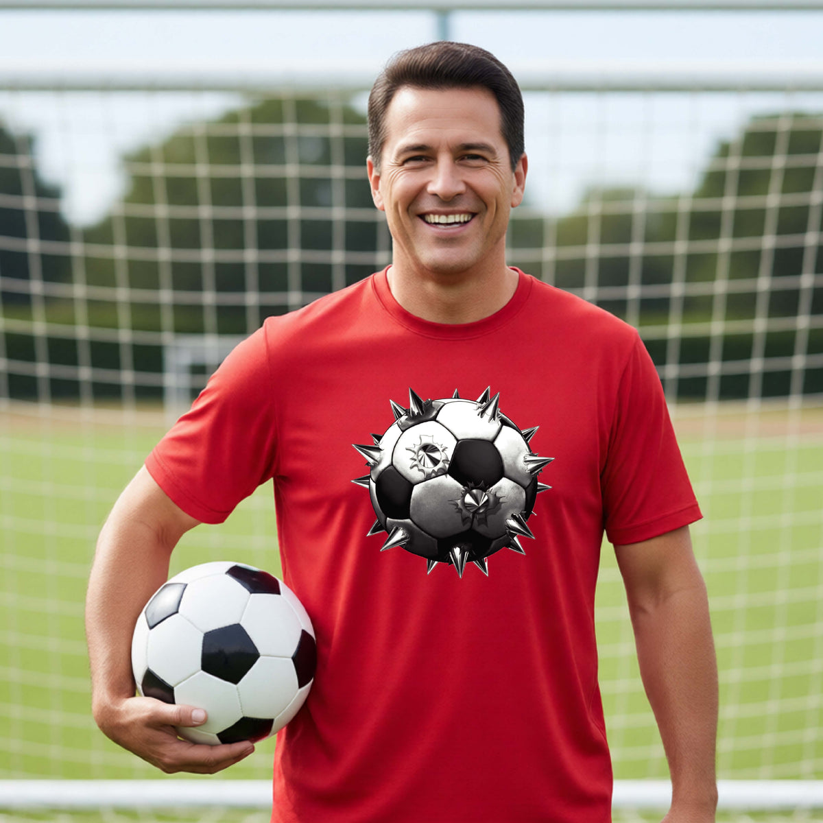 A smiling man wearing a red short-sleeve t-shirt standing on a soccer field in front of a goal net with a white and black graphic of a soccer ball with extreme spikes coming out, printed on the front.