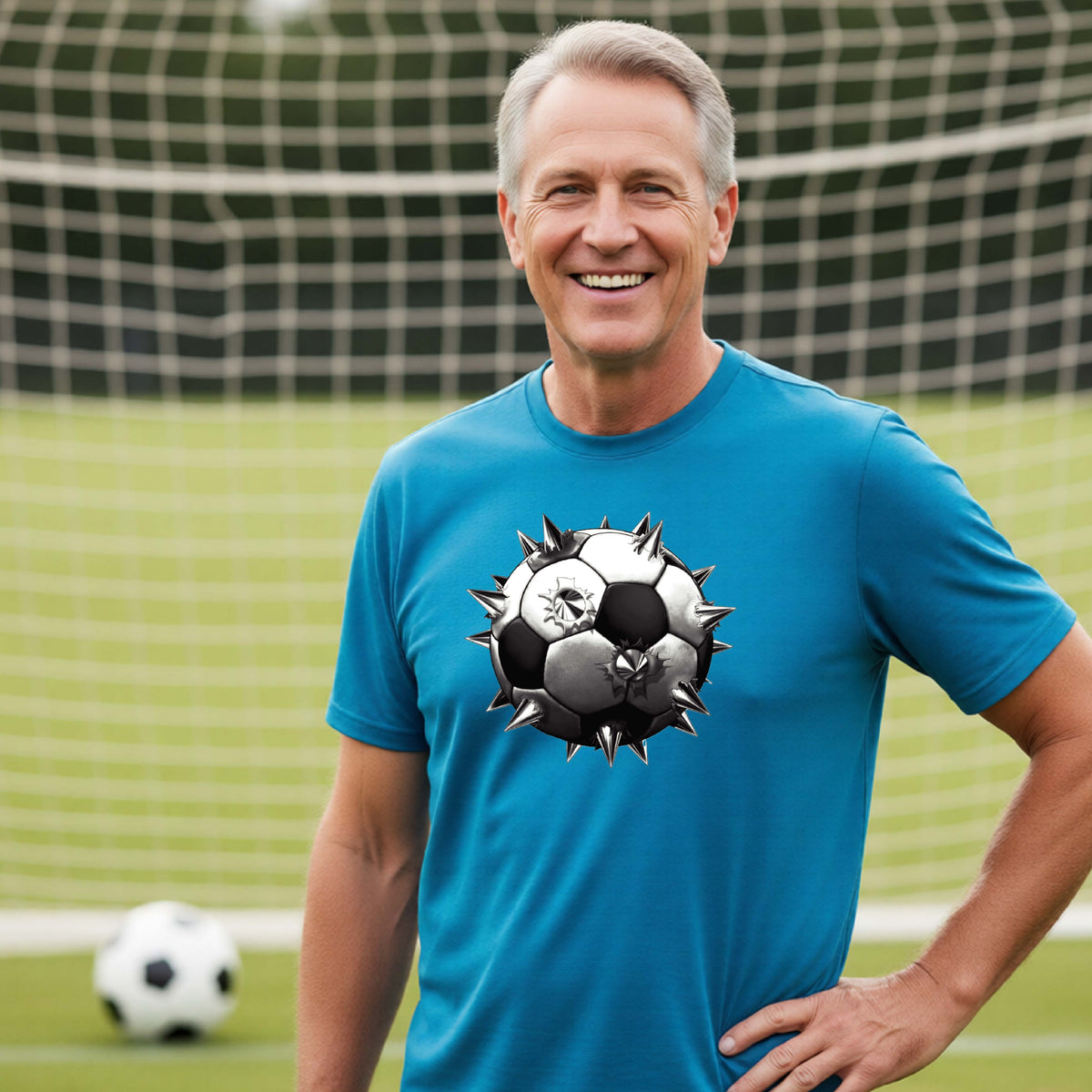A smiling man wearing a bright blue short-sleeve t-shirt standing on a soccer field in front of a goal net with a white and black graphic of a soccer ball with extreme spikes coming out, printed on the front.