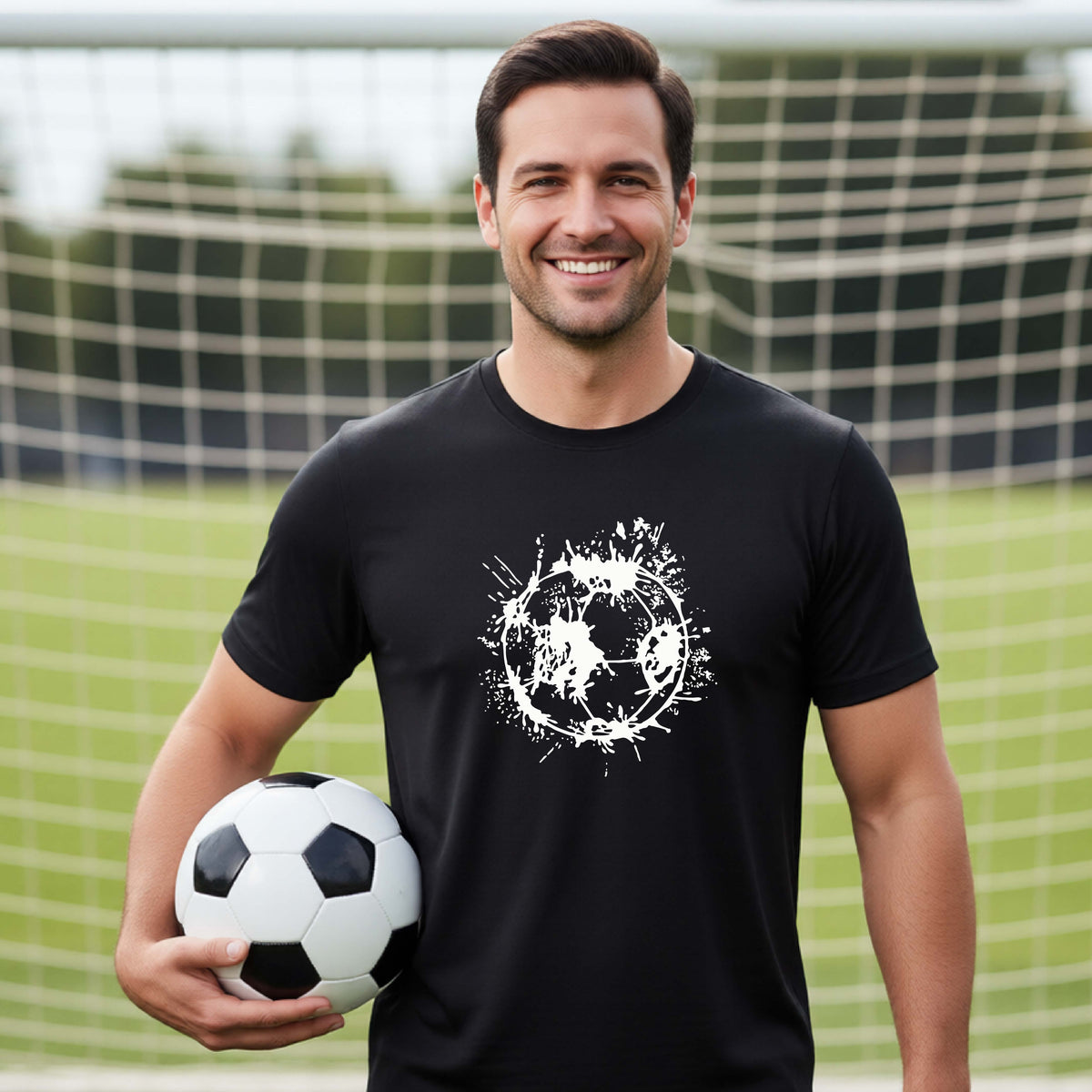 A man wearing a black short-sleeve t-shirt with a white artistic splatter looking soccer ball graphic, standing in front of a soccer goal with a soccer ball in the background.