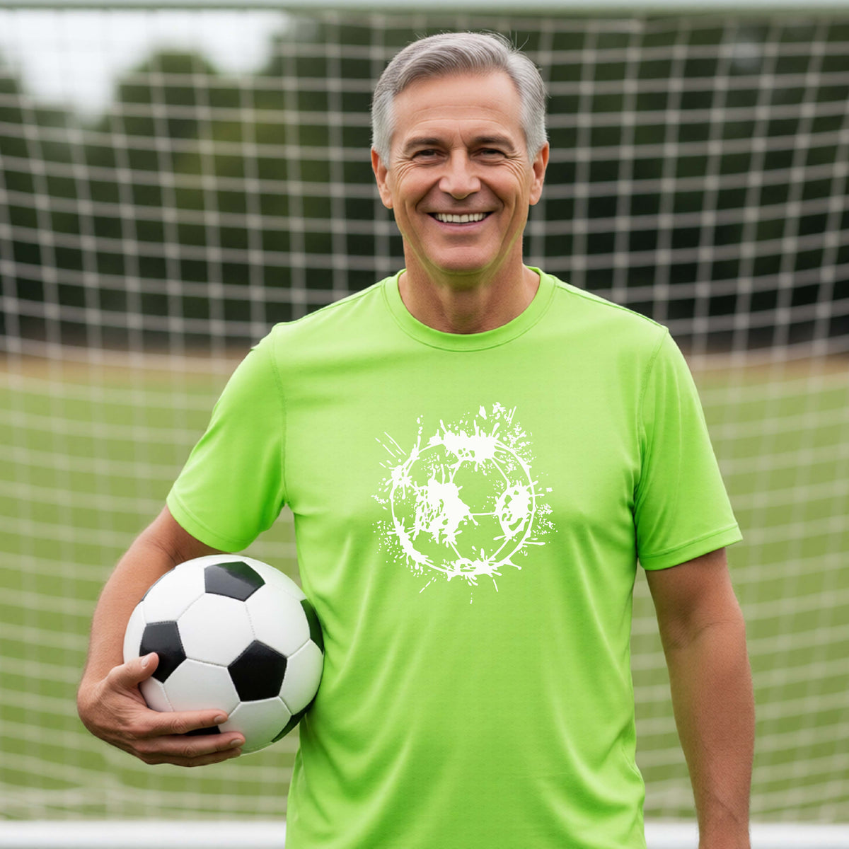 A man wearing a lime green short-sleeve t-shirt with a white artistic splatter looking soccer ball graphic, standing in front of a soccer goal with a soccer ball in the background.