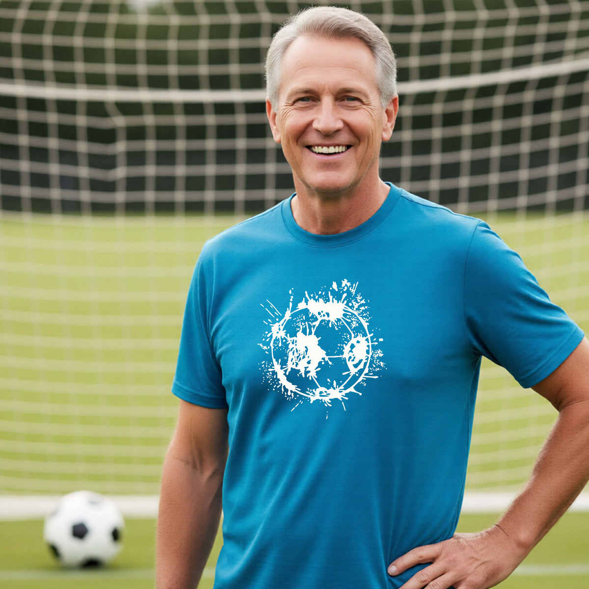 A man wearing a bright blue short-sleeve t-shirt with a white artistic splatter looking soccer ball graphic, standing in front of a soccer goal with a soccer ball in the background.