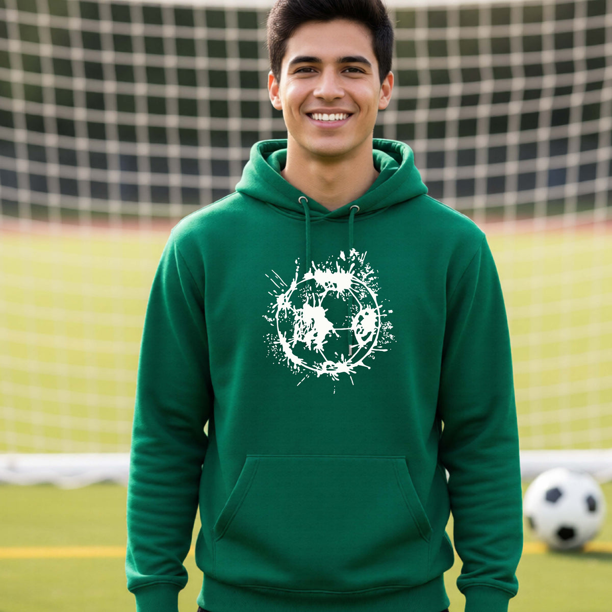 A man wearing a green hoodie pullover with a white artistic splatter looking soccer ball graphic, standing in front of a soccer goal with a soccer ball in the background. 