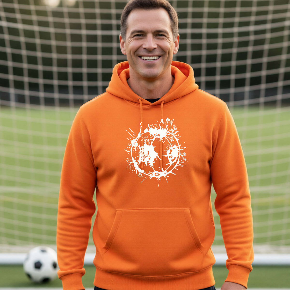 A man wearing an orange hoodie pullover with a white artistic splatter looking soccer ball graphic, standing in front of a soccer goal with a soccer ball in the background. 