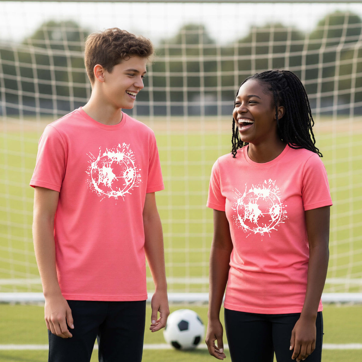 Two young athletes wearing matching coral pink short-sleeve t-shirts with a white artistic splatter looking soccer ball graphic, standing in front of a soccer goal with a soccer ball in the background.