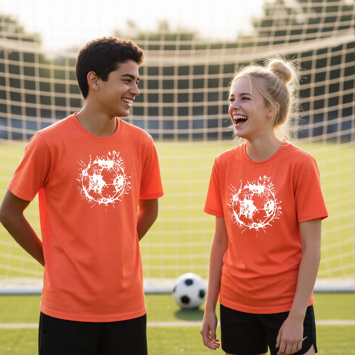 Two young athletes wearing matching orange short-sleeve t-shirts with a white artistic splatter looking soccer ball graphic, standing in front of a soccer goal with a soccer ball in the background.