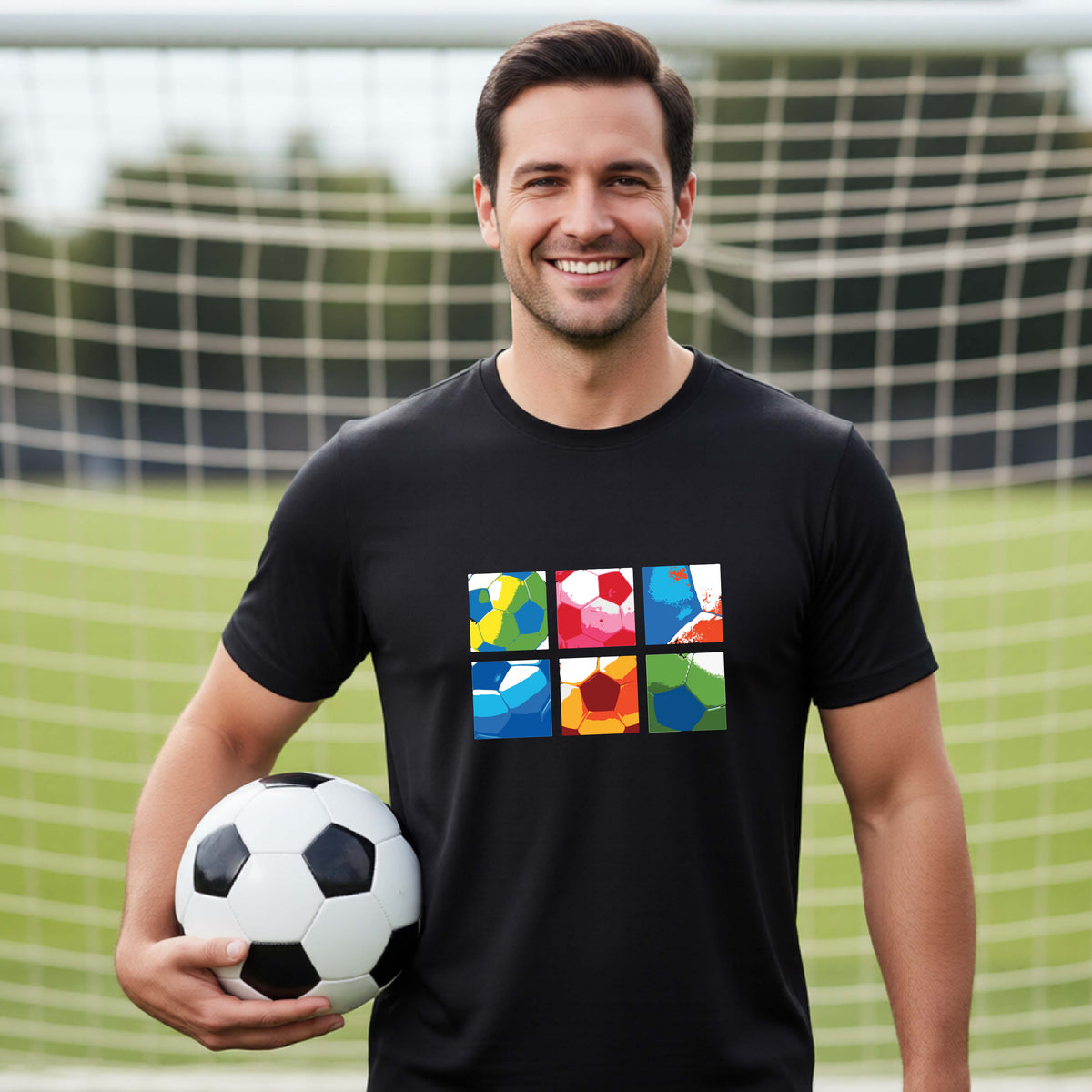 A smiling man wearing a black short-sleeve t-shirt standing on a soccer field in front of a goal net. with a colorful graphic of a 2x3 arrangement of squares of soccer balls, printed on the chest.