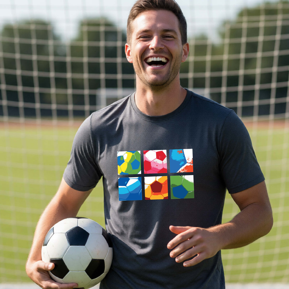 A smiling man wearing a dark gray short-sleeve t-shirt standing on a soccer field in front of a goal net. with a colorful graphic of a 2x3 arrangement of squares of soccer balls, printed on the chest.
