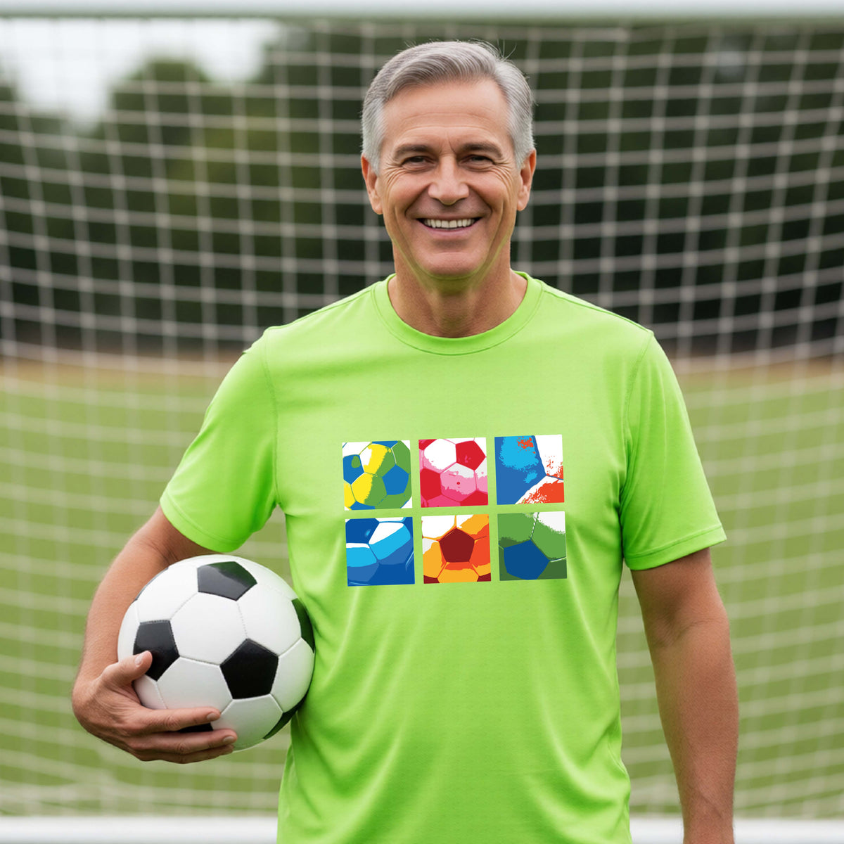 A smiling man wearing a lime green short-sleeve t-shirt standing on a soccer field in front of a goal net. with a colorful graphic of a 2x3 arrangement of squares of soccer balls, printed on the chest.
