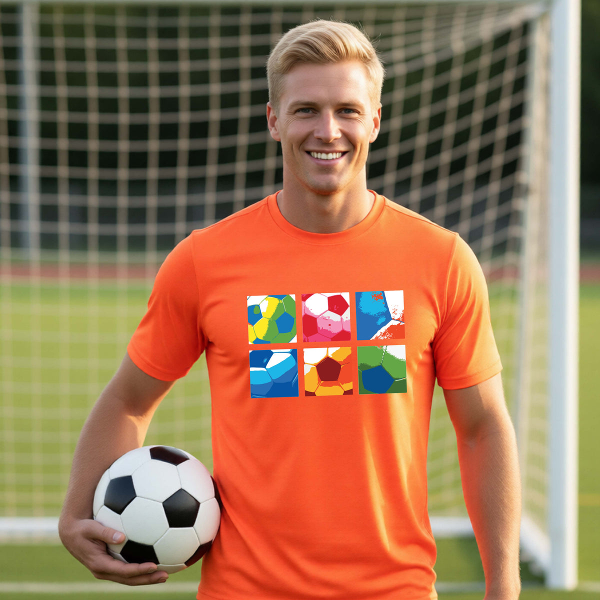 A smiling man wearing an orange short-sleeve t-shirt standing on a soccer field in front of a goal net. with a colorful graphic of a 2x3 arrangement of squares of soccer balls, printed on the chest.