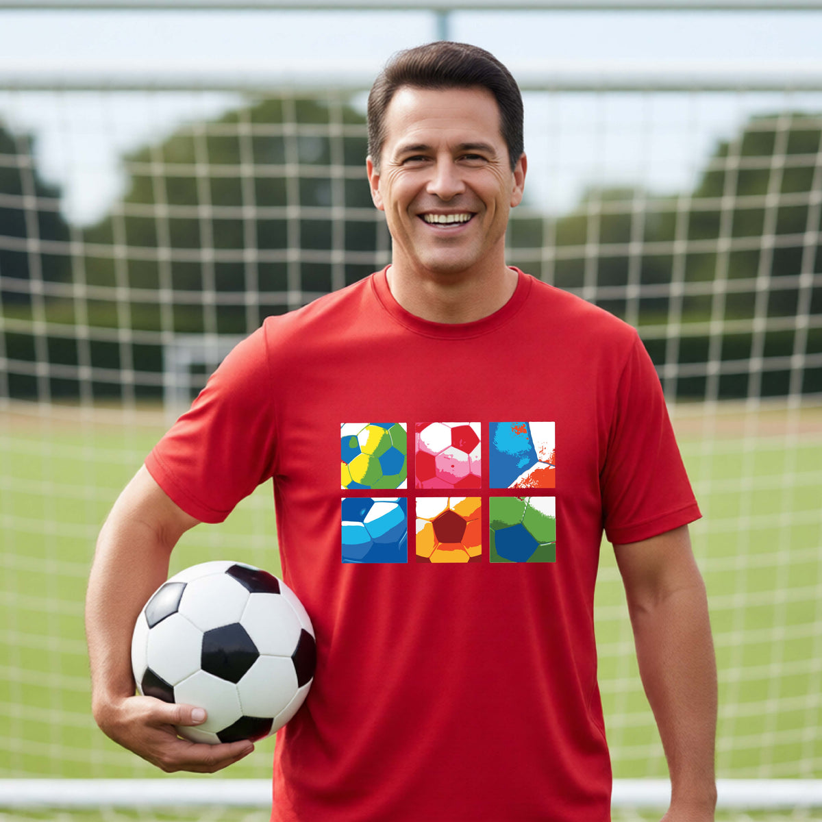 A smiling man wearing a red short-sleeve t-shirt standing on a soccer field in front of a goal net. with a colorful graphic of a 2x3 arrangement of squares of soccer balls, printed on the chest.