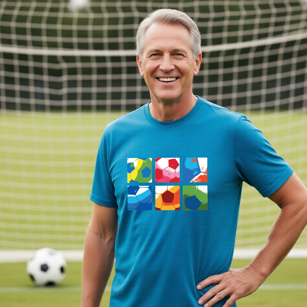 A smiling man wearing a bright blue short-sleeve t-shirt standing on a soccer field in front of a goal net. with a colorful graphic of a 2x3 arrangement of squares of soccer balls, printed on the chest.