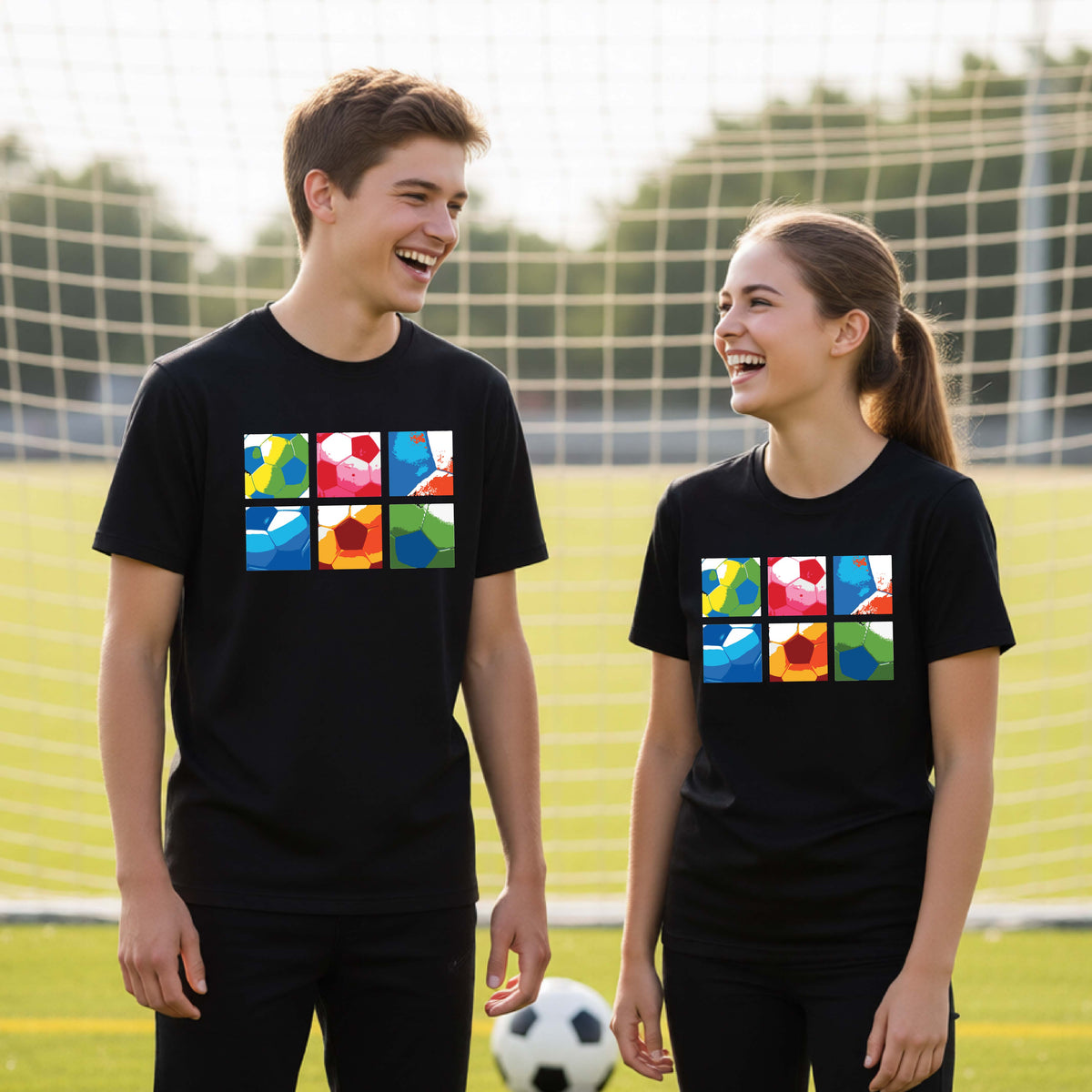 Two young athletes standing on a soccer field wearing matching black t-shirts with a colorful geometric graphic printed on the chest of 2x3 soccer ball squares, with a soccer goal and ball in the background.