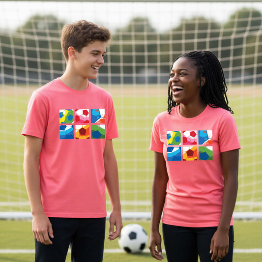 Two young athletes standing on a soccer field wearing matching coral pink t-shirts with a colorful geometric graphic printed on the chest of 2x3 soccer ball squares, with a soccer goal and ball in the background.