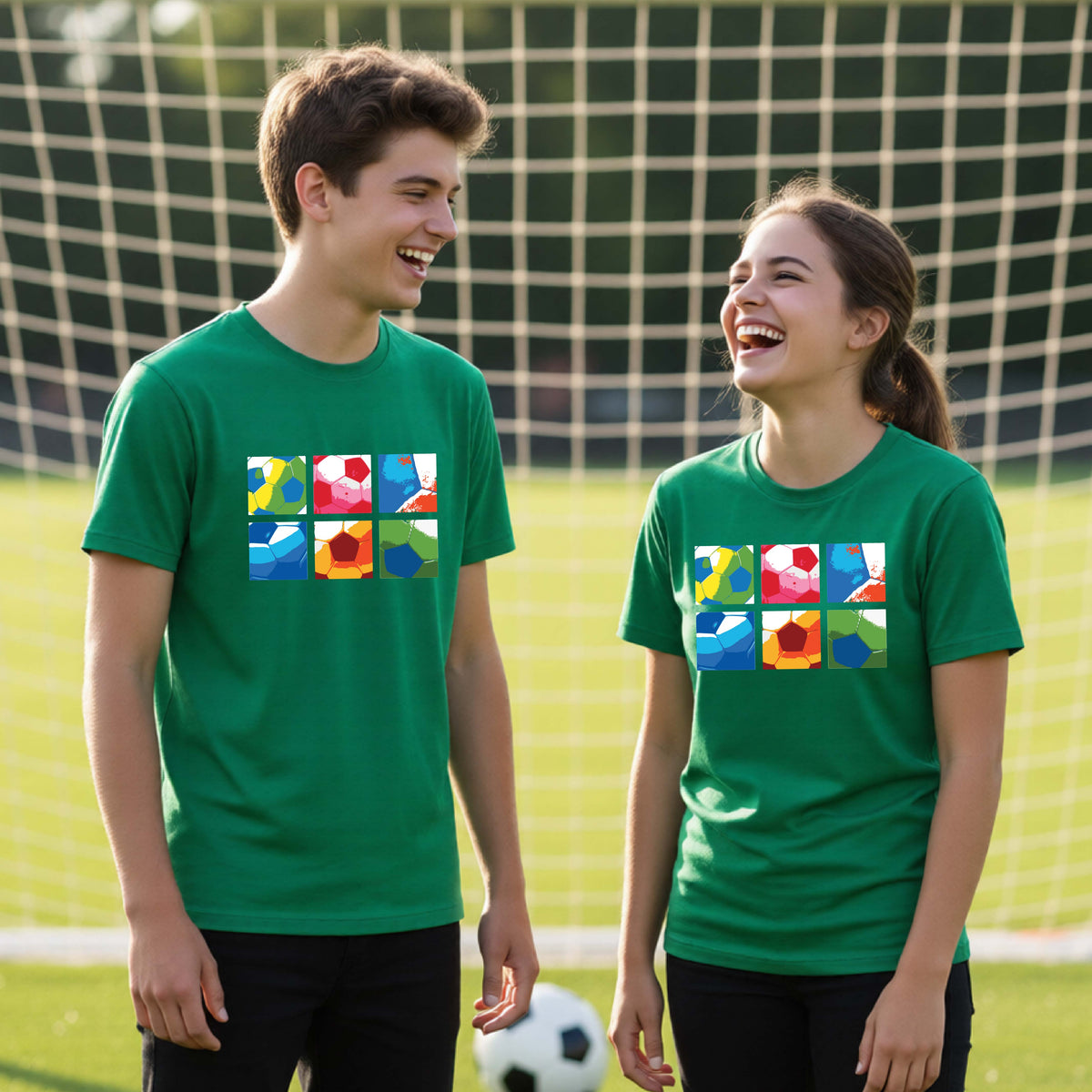 Two young athletes standing on a soccer field wearing matching green t-shirts with a colorful geometric graphic printed on the chest of 2x3 soccer ball squares, with a soccer goal and ball in the background.