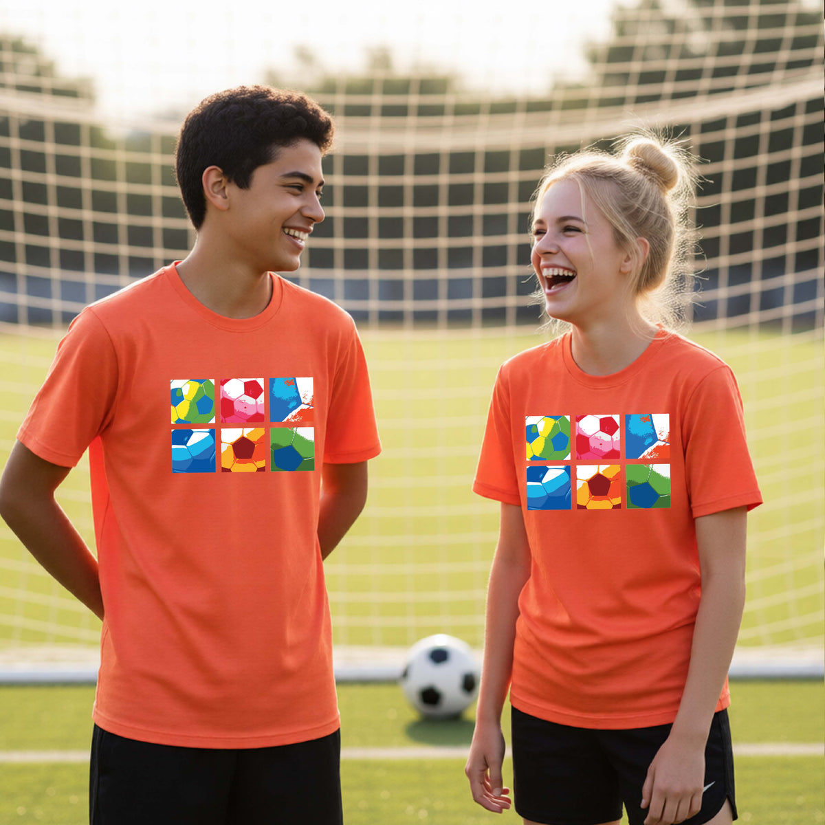Two young athletes standing on a soccer field wearing matching orange t-shirts with a colorful geometric graphic printed on the chest of 2x3 soccer ball squares, with a soccer goal and ball in the background.